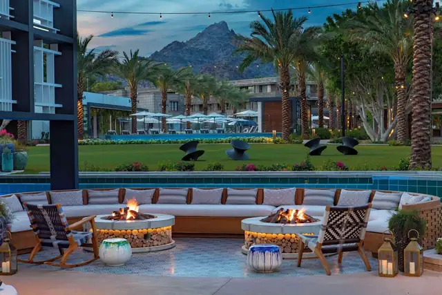 Arizona Biltmore in Phoenix, modern terrace with a fire pit and lounge chairs