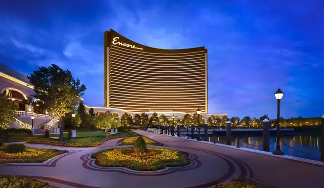 Encore Boston Harbor in Everett, hotel with a curved facade and illuminated name