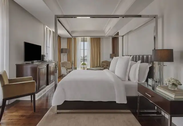 Rosewood Washington in Georgetown, modern guest room with a large bed