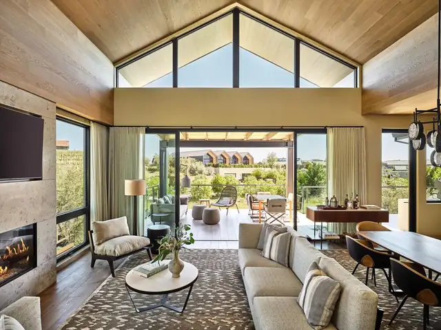 Stanly Ranch in Napa, California, spacious living area with a fireplace