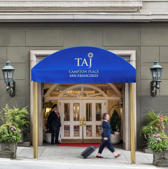 Taj Campton Place in San Francisco, hotel entrance with the Taj sign