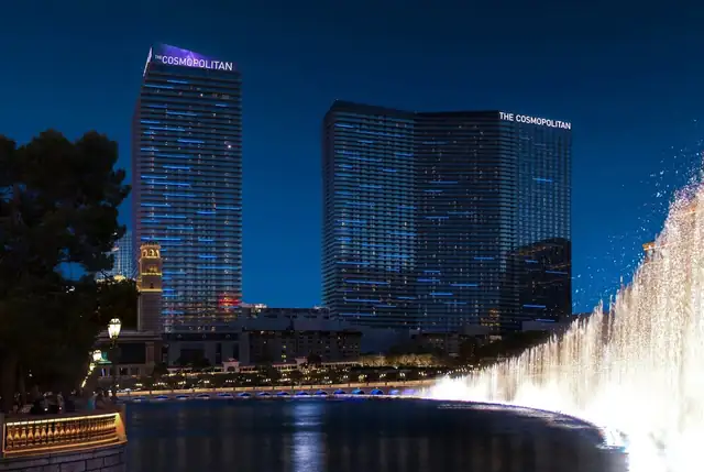 The Cosmopolitan in Las Vegas, two tall towers with illuminated signs