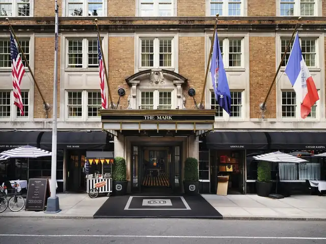 The Mark in New York, hotel entrance with a black awning and sign
