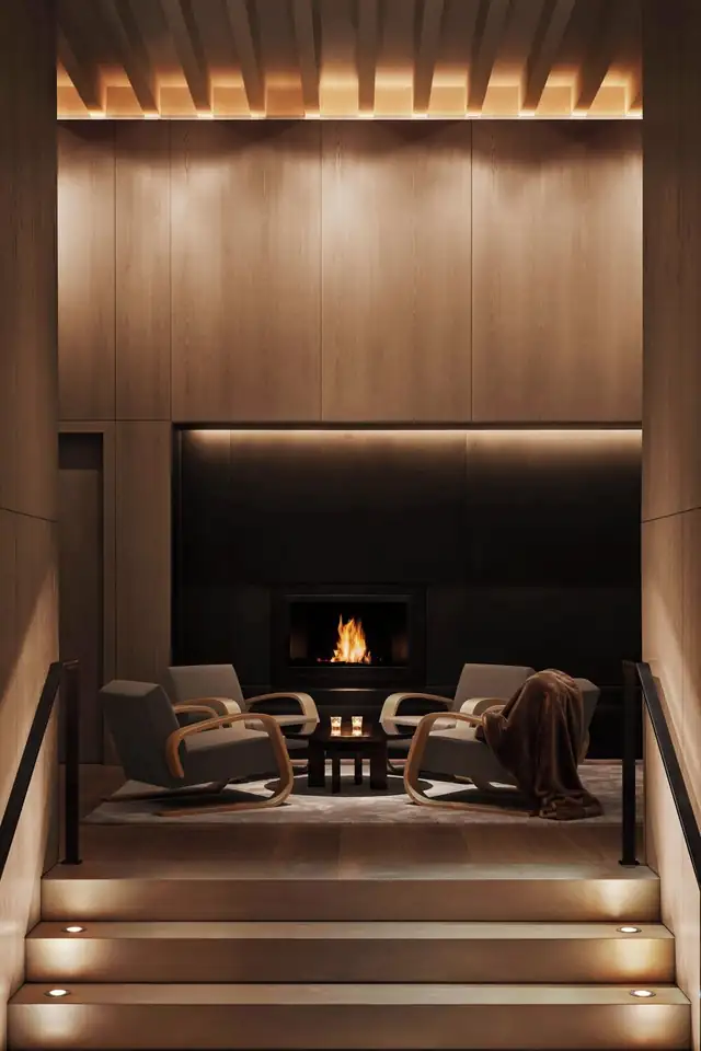 The New York EDITION in New York, living room with fireplace and two sofas