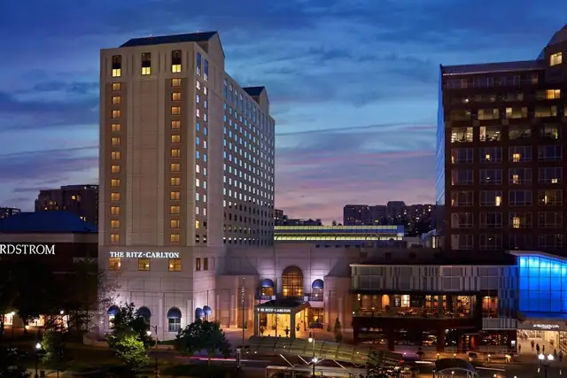 Ritz-Carlton Pentagon City in Arlington, hotel facade with a prominent entrance and several floors