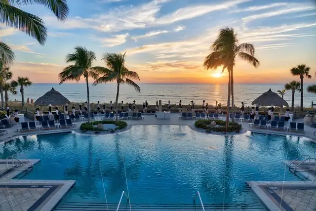 Ritz-Carlton in Sarasota, pool area with lounge chairs and palm trees