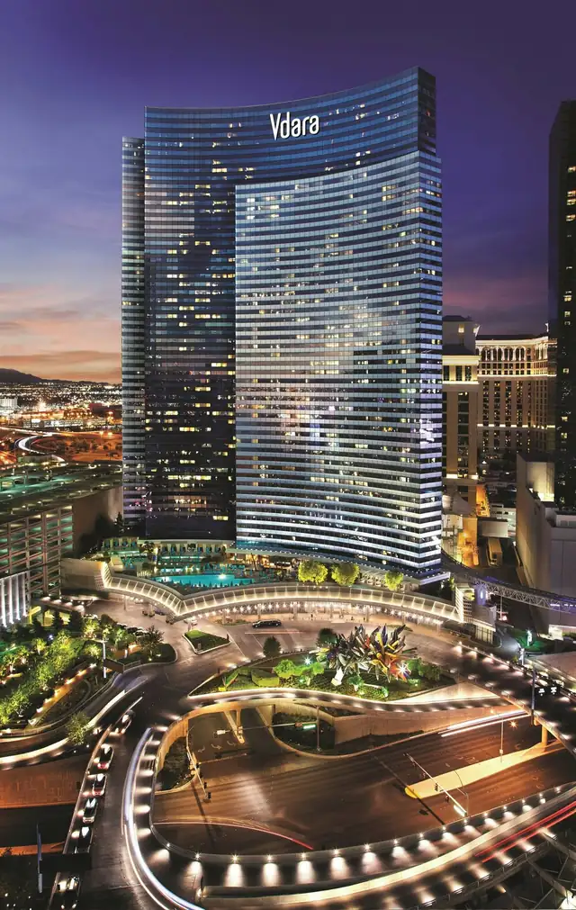 Vdara in Las Vegas, modern high-rise hotel building exterior seen from below